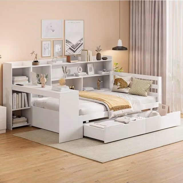 Letto multifunzione con scrivania e libreria ¨C Minimal ¨C Bianco legno massello 90x200 cm