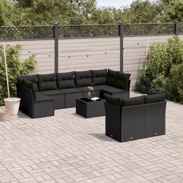 Set Divani da Giardino 10pz con Cuscini in Polyrattan Nero 3218155