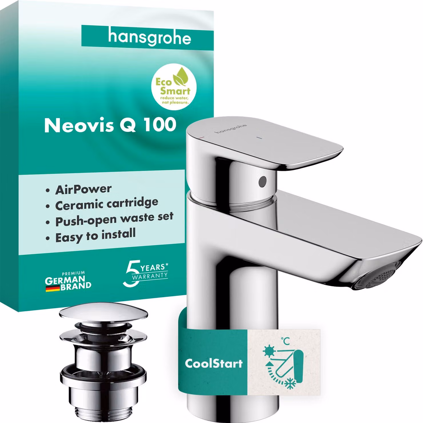 Miscelatore per lavabo con sistema di apertura a pressione per lo scarico, finitura cromata, altezza del beccuccio: 96 mm