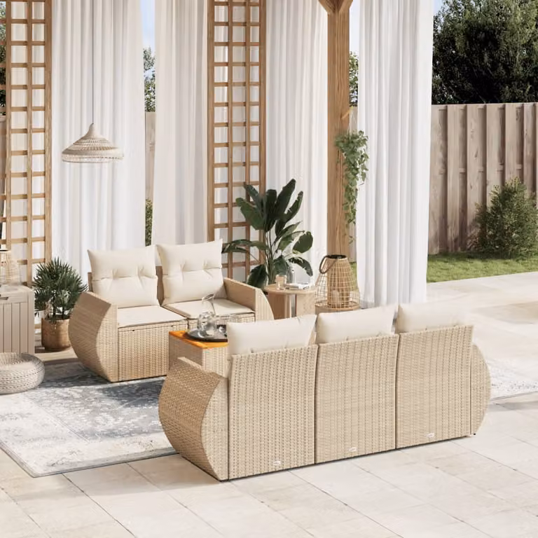 Set Divano da Giardino L-Shape vidaXL 6 pz con Cuscini Beige e Tavolino, Struttura in Acciaio e Polyrattan per Terrazza e Giardino