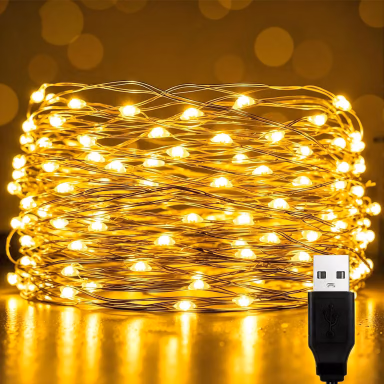 Catena luminosa a LED, 10 metri, 100 lucine a filo di rame color rame, luce calda, alimentazione USB