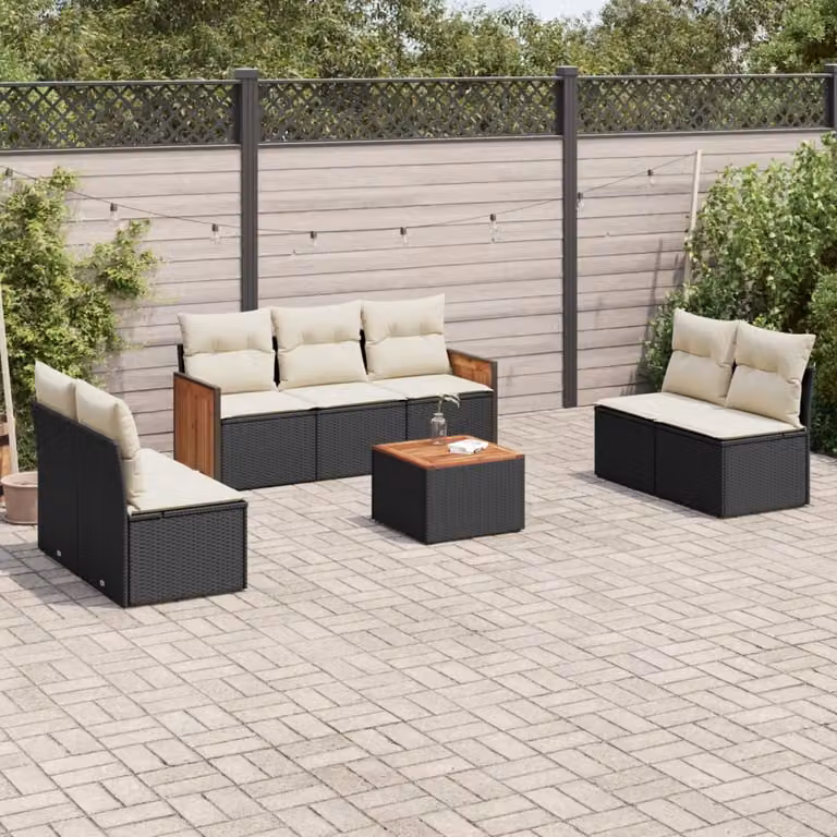 vidaXL Set Divani da Giardino a L in Polyrattan Nero con Cuscini e Tavolino da 8 Pezzi