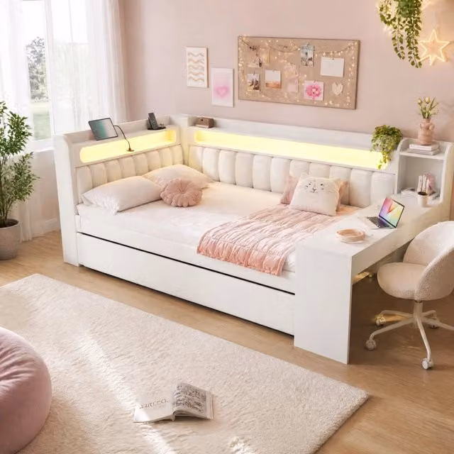 Letto Mivray con letto estraibile e scrivania integrata, imbottito in tessuto bianco con illuminazione LED e porta USB, L/P/H: 200 x 140 x 103,5 cm