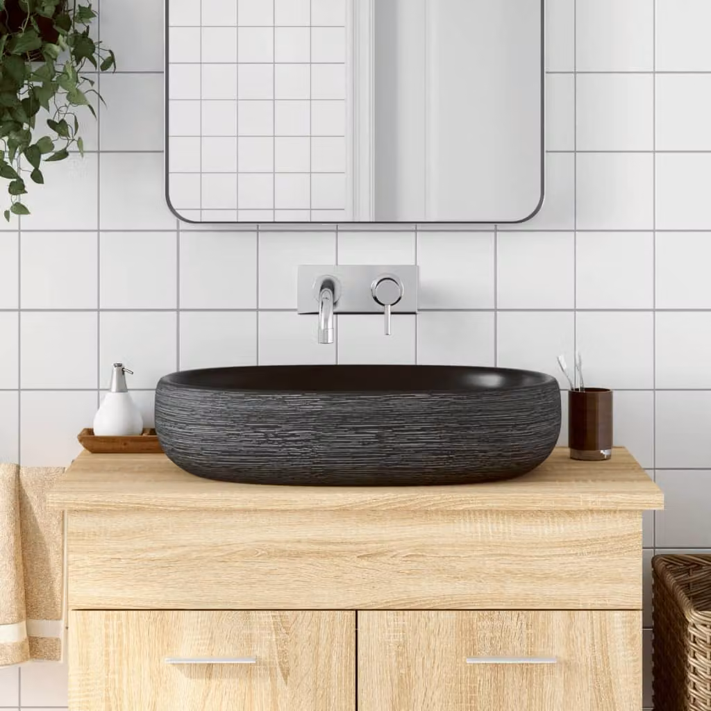Lavabo da appoggio ovale vidaXL in ceramica, Grigio e Nero, L: 59 cm, P: 40 cm, H: 14 cm