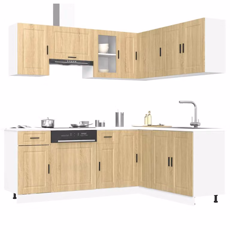 Set di mobili da cucina moderno vidaXL composto da 11 pezzi in legno e vetro, colore marrone e beige, con ante a cerniera e ripiani interni