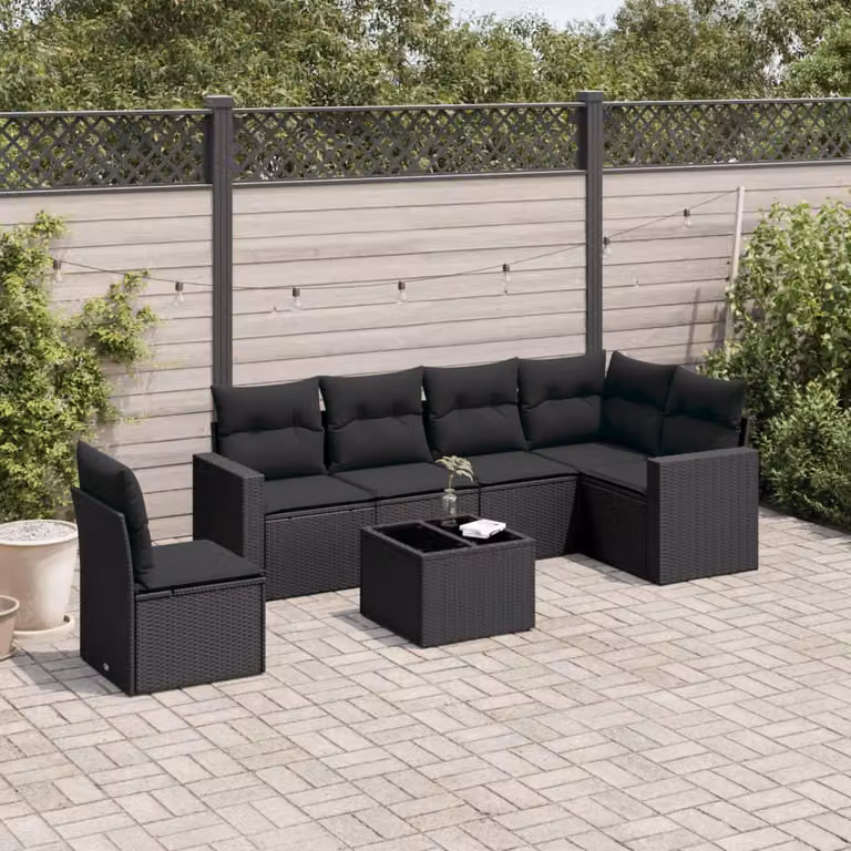 Set di divani da giardino vidaXL a forma di L con 7 pezzi in polyrattan nero e cuscini inclusi
