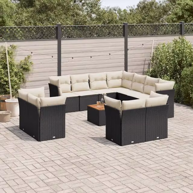 Set di Divani da Giardino a Forma di U con Cuscini vidaXL in Polyrattan Nero e Bianco con Tavolino da Esterno