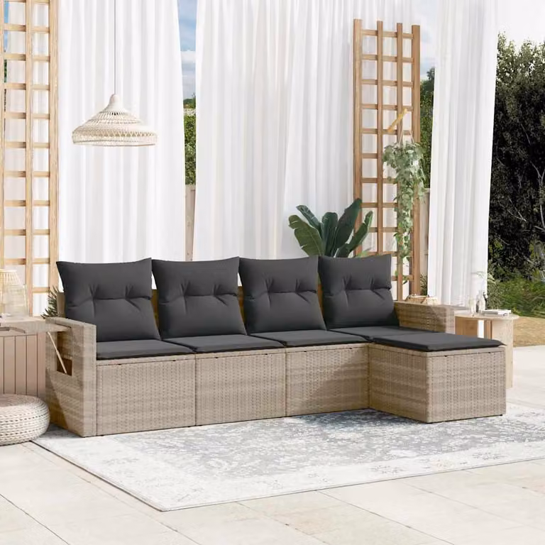 vidaXL Set Divano da Giardino a L in Polyrattan Grigio con Cuscini e Tavolino da Esterno