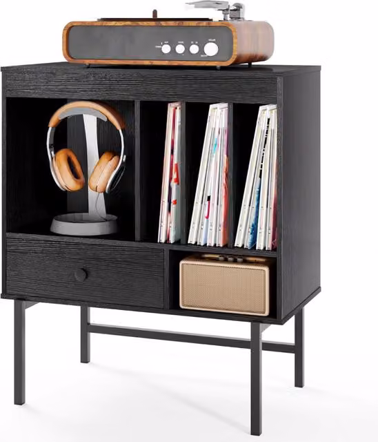 Mobile porta vinili stile moderno del met¨¤ secolo con scomparti aperti, Supporto per giradischi per sala musica Nero-Credenze buffet