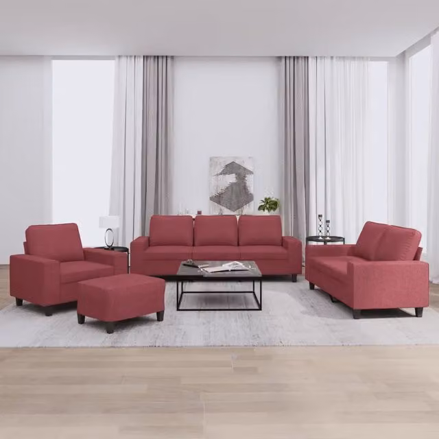 Set di divani moderno vidaXL in tessuto rosso composto da un divano a 3 posti, un divano a 2 posti, un pouf e cuscini coordinati