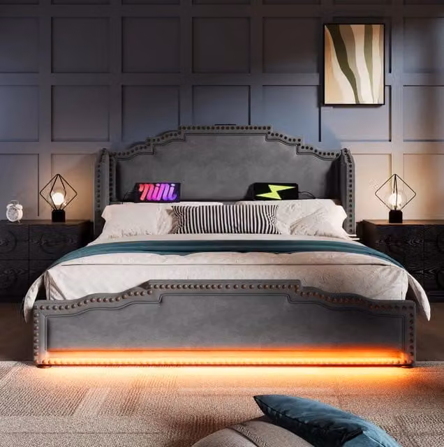 Letto matrimoniale 180x200 cm in velluto grigio con 4 cassetti; LED e prese USB-C