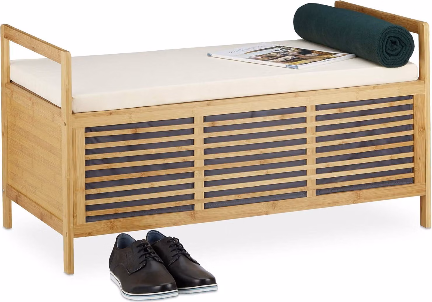 Pouf con vano portaoggetti - Bambù - Cuscino di seduta - Misura L - Panca da ingresso - Naturale