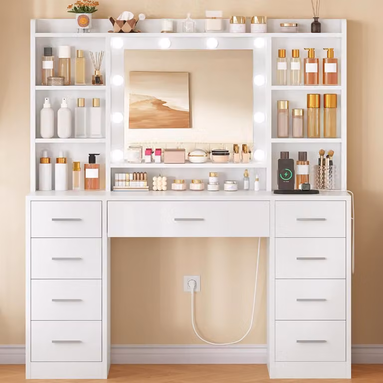 Comò da trucco con specchio e stazione di ricarica integrata, bianco, 9 cassetti, 7 scomparti, illuminazione LED regolabile