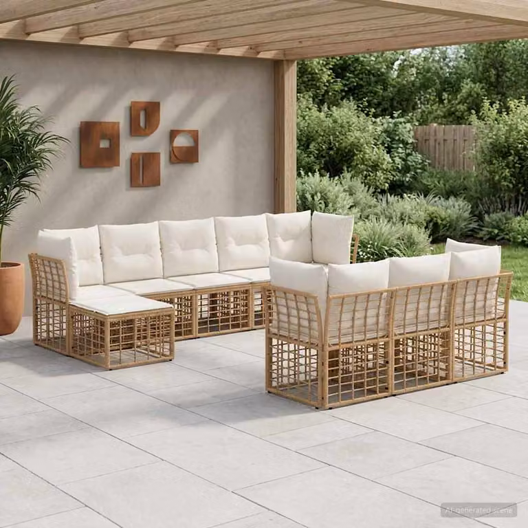 Set di divani da esterno a forma di U vidaXL con cuscini, colore beige e bianco crema, struttura in metallo e rattan