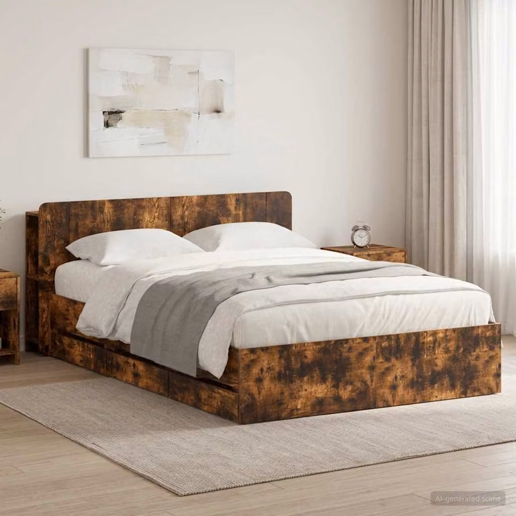 Letto con contenitore e testata vidaXL in legno Rovere Fumo L 140 x P 190 x H 211,5 cm