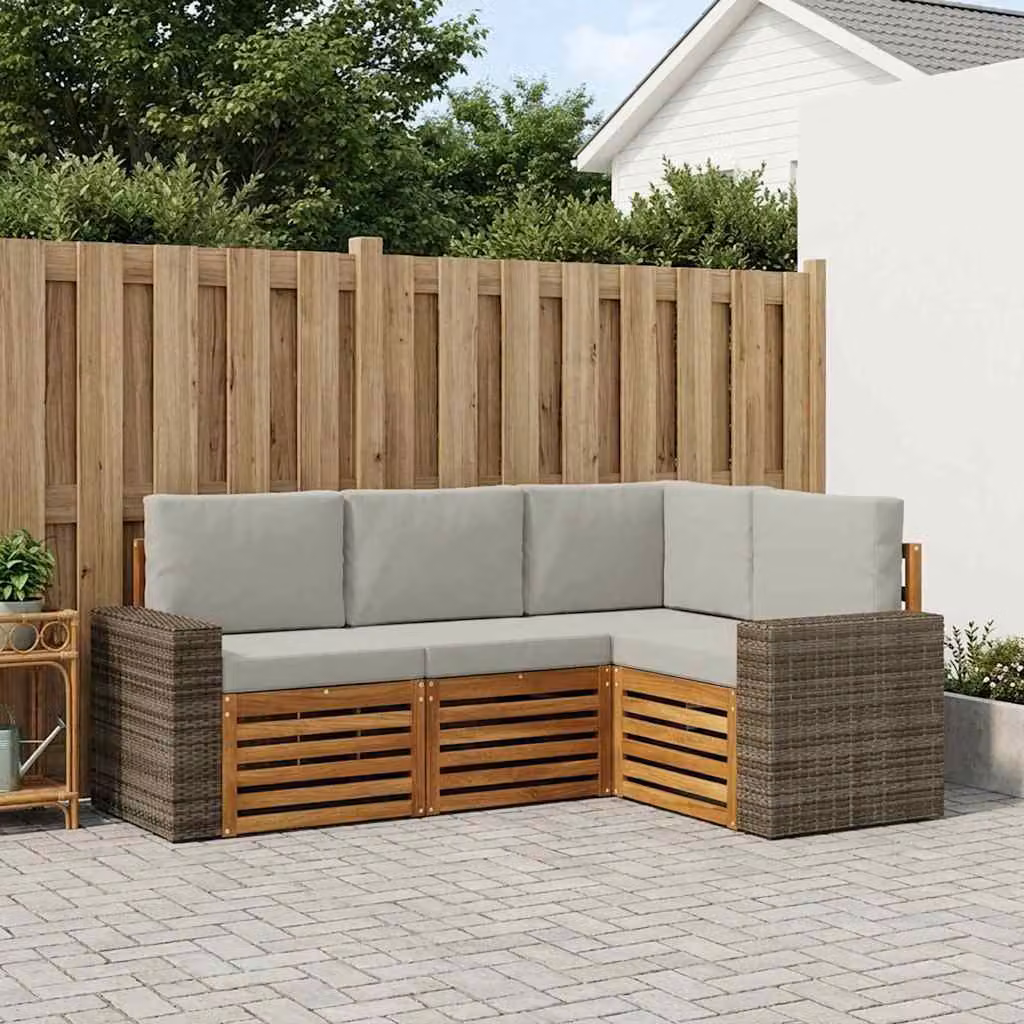 Set di divani da esterno a L vidaXL in legno di acacia con cuscini in poliestere resistente ai raggi UV, colore grigio e marrone