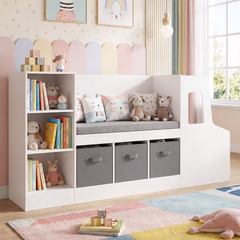 Libreria montessoriana Costway per bambini a forma di auto con panca e 6 scomparti in legno bianco per cameretta