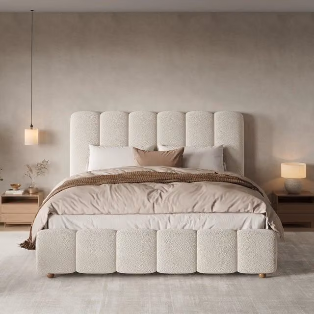 Letto matrimoniale 140x190 con contenitore idraulico; imbottito in bouclé bianco