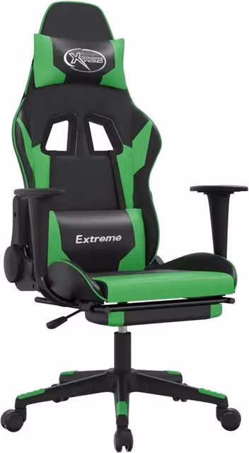 Sedia da Gaming Sportiva con Poggiapiedi e Riposatesta, Nero e Verde in Similpelle – 1