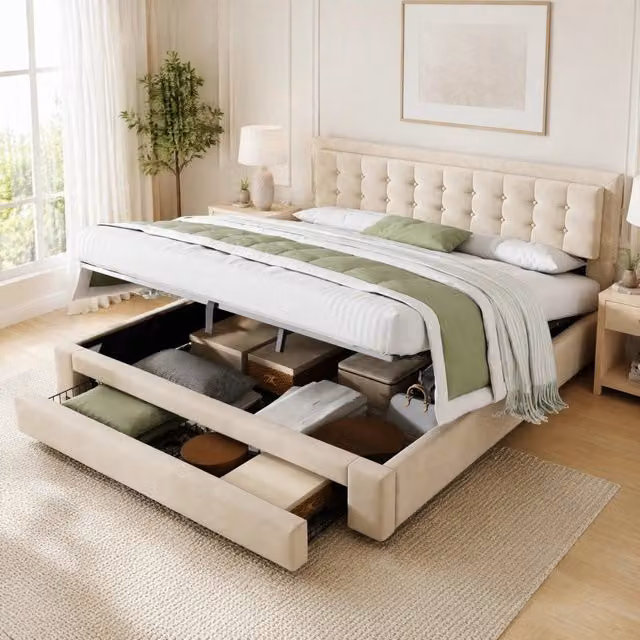 Letto matrimoniale contenitore con cassetti; testiera regolabile; velluto; 160x200 cm; beige