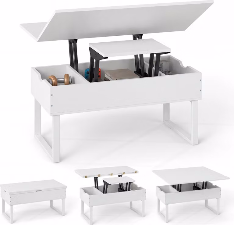 COSTWAY Tavolino regolabile in altezza, tavolino da salotto 3 in 1 con 3 scomparti nascosti, tavolino da caffè trasformabile in tavolo da pranzo, tavolino da divano in legno, bianco