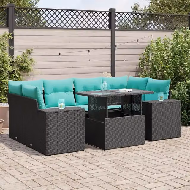 Set Divani da Giardino con Cuscini 7pz Nero Polyrattan Acacia 3326748