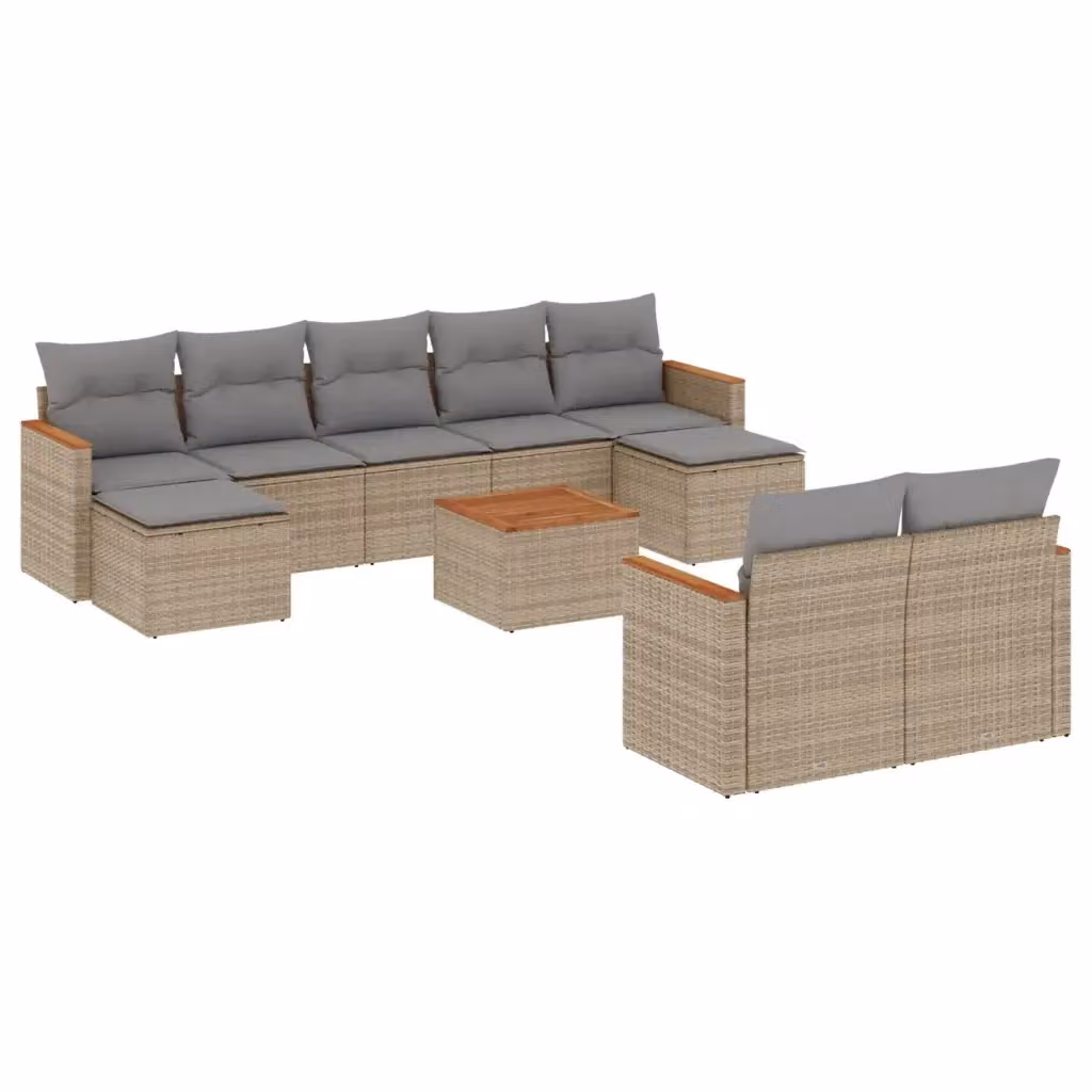 vidaXL Set Divano da Giardino 10 pz a forma di U in Polyrattan con Cuscini Beige e Tavolino – 2