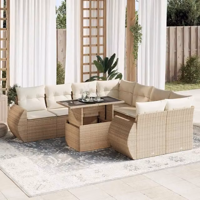 Set Divano da Giardino a L vidaXL in Polyrattan con Cuscini Beige e Tavolino da Esterno
