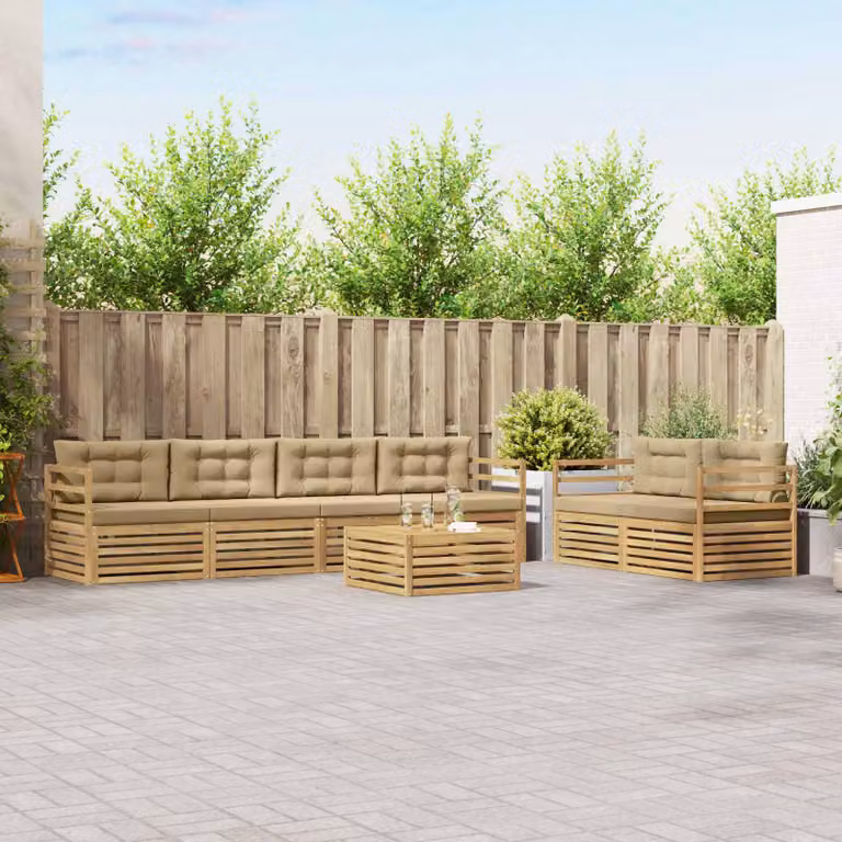 Set di divani da esterno vidaXL a forma di U composto da 7 pezzi con tavolo da caffè, in legno di acacia e tessuto bianco e beige