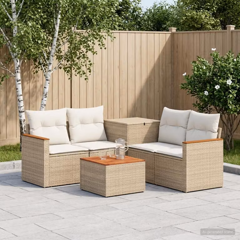 Set di divani da giardino vidaXL in polyrattan beige e bianco crema con cuscini e tavolino da esterno