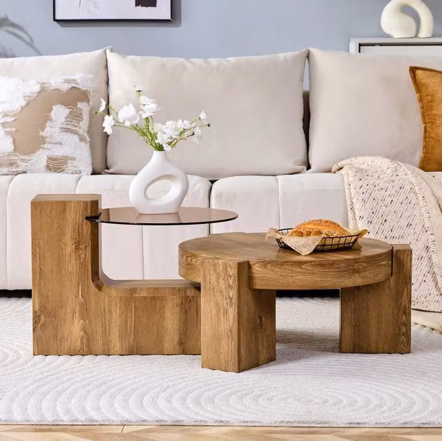 Set di tavolini da caffè rotondi 2 in 1 in MDF effetto legno e vetro temperato marrone