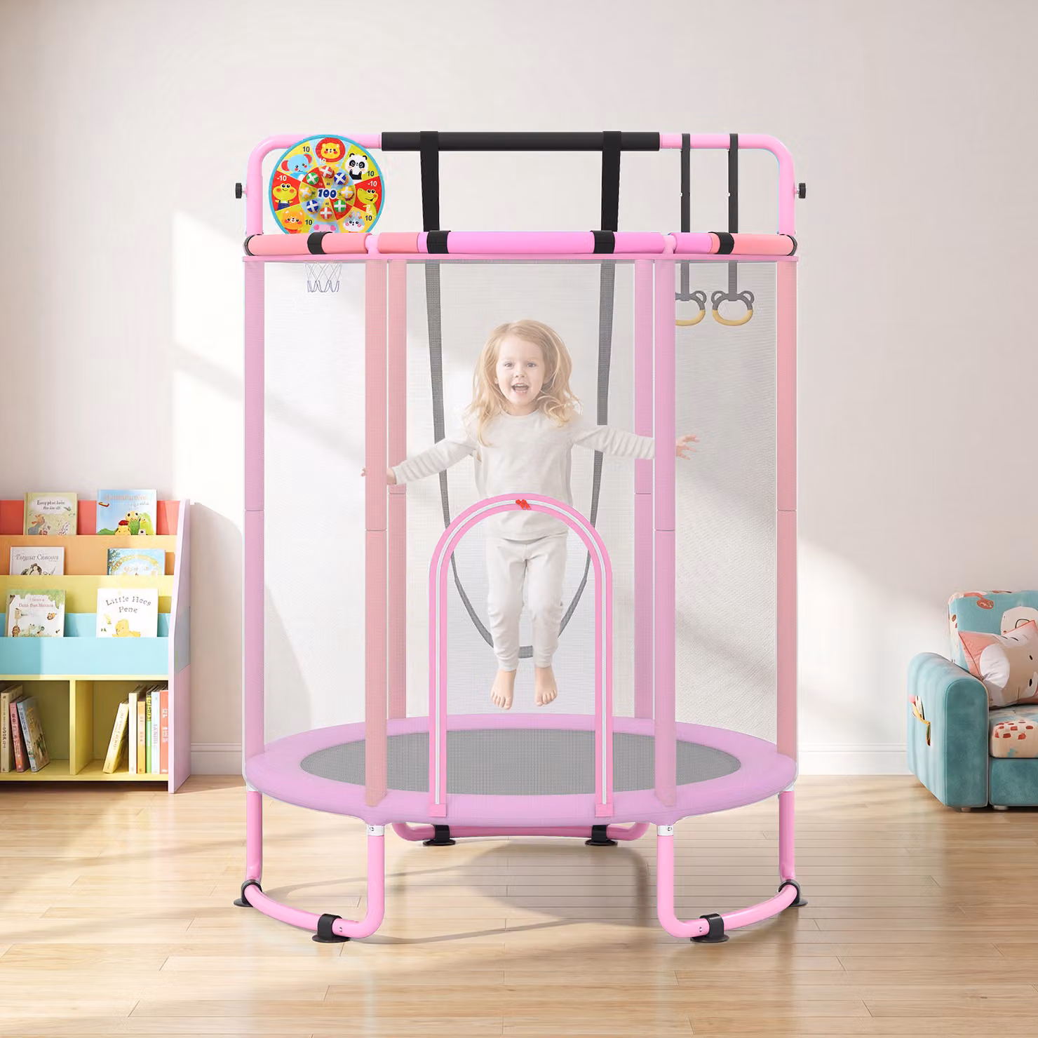 Costway Trampolino 6in1 per bambini con rete di protezione, altalena, sbarra, anelli e canestro, Rosa, Diametro: 152,4 cm
