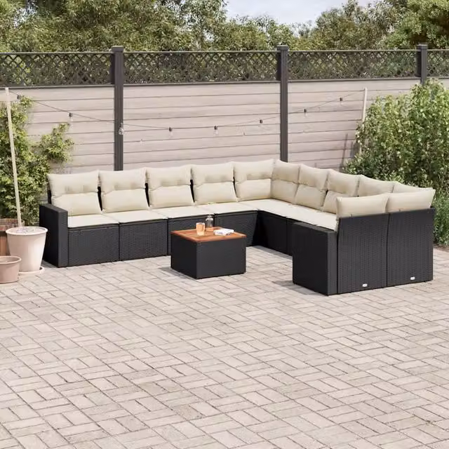 Set di Divani da Giardino a Forma di U vidaXL in Polyrattan Nero con Cuscini e Tavolino da Esterno – 1