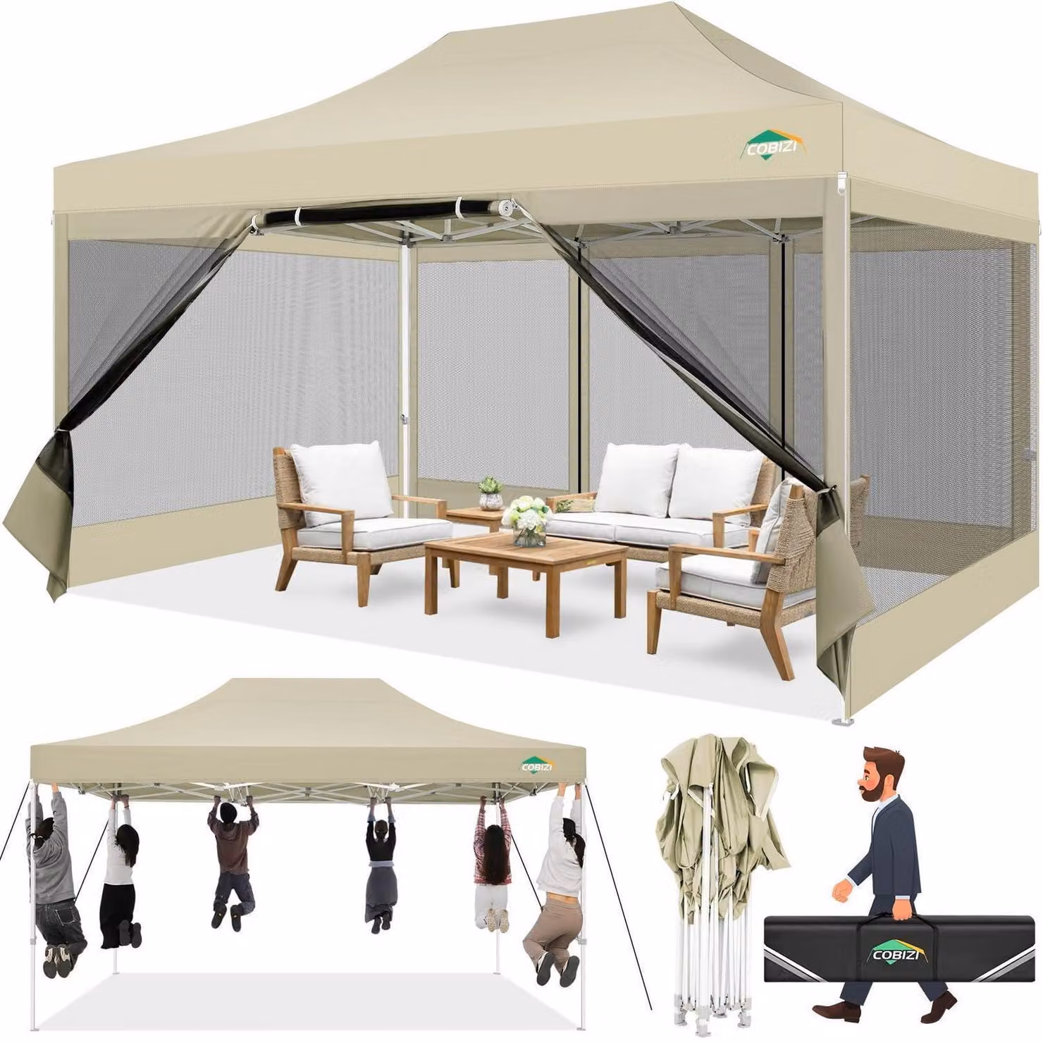 Gazebo da esterno 3x4,5 metri, impermeabile, con protezione UV, dotato di 4 pareti laterali in rete. Colori: bianco, kaki