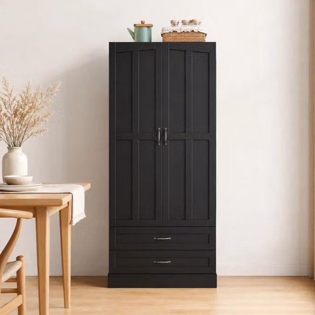 Mobile colonna da cucina Mivray in MDF nero con 3 ripiani estraibili, 2 cassetti e ripiano regolabile, L/P/H: 80 x 37.5 x 180 cm