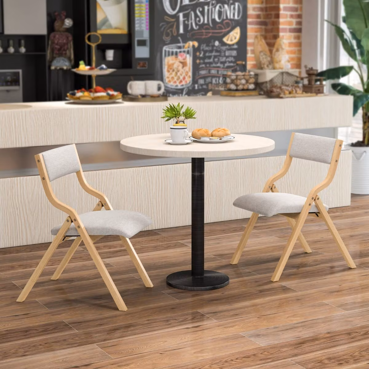 Set di 2 sedie da pranzo pieghevoli Costway in legno massello e tessuto di lino beige e marrone per cucina e sala da pranzo