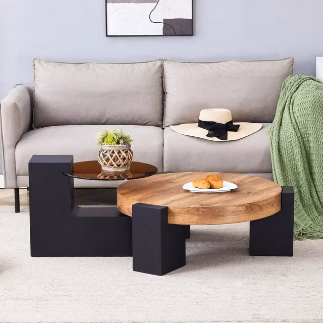 Set di tavolini ULEVR rotondi a 2 livelli, tavolo 61x30 cm e tavolino 44x44 cm, vetro trasparente e MDF nero effetto legno