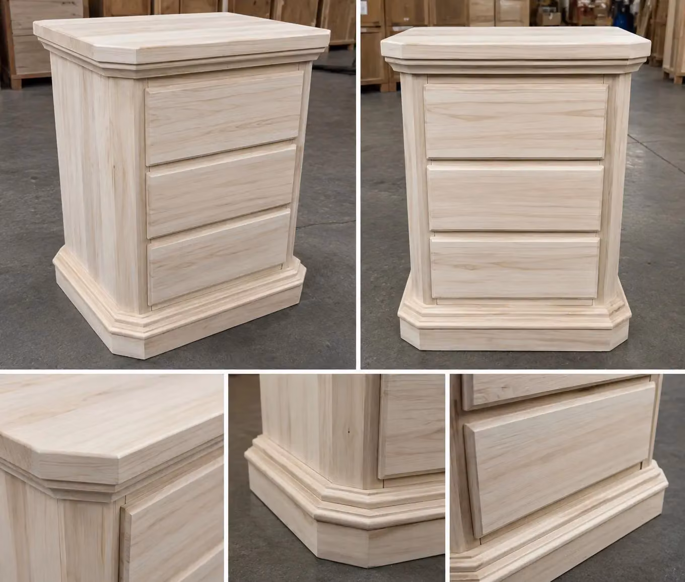 Comodino classico con 3 cassetti in legno grezzo Mobili 2G L: 60 cm, P: 38 cm, H: 71 cm – 1