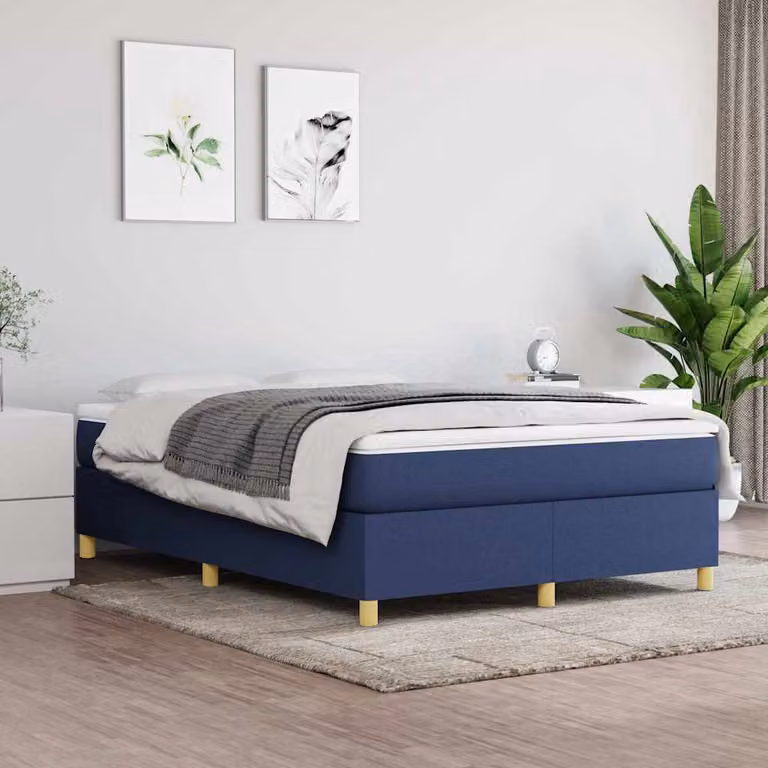 vidaXL Giroletto a Molle Ibrido con Materasso in Tessuto Blu e Bianco L/P/H: 140 x 200 x 35 cm