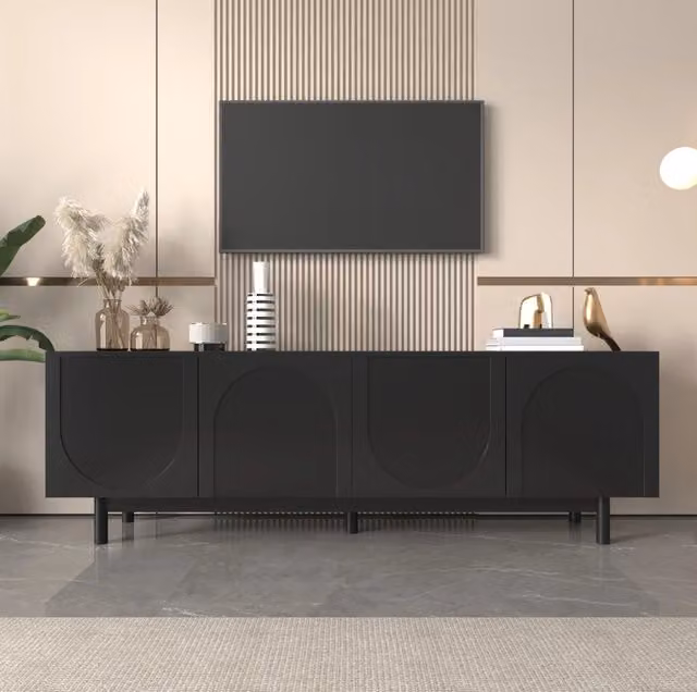 Mobile TV 175x38x56 cm nero in MDF e pannello truciolare, 4 ante con ripiani regolabili