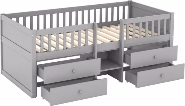 Letto a soppalco 90x200 cm con 4 cassetti, corrimano di sicurezza e scala, in legno di pino, colore grigio, senza materasso