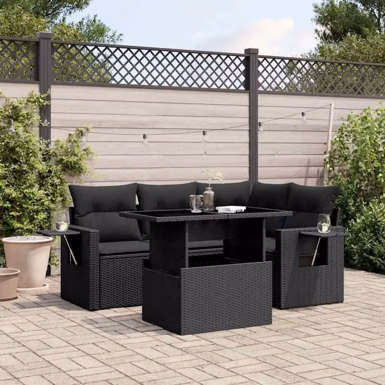 Set Divani da Giardino vidaXL 5 Pezzi a Forma di L in Polyrattan Nero con Cuscini e Tavolino da Esterno