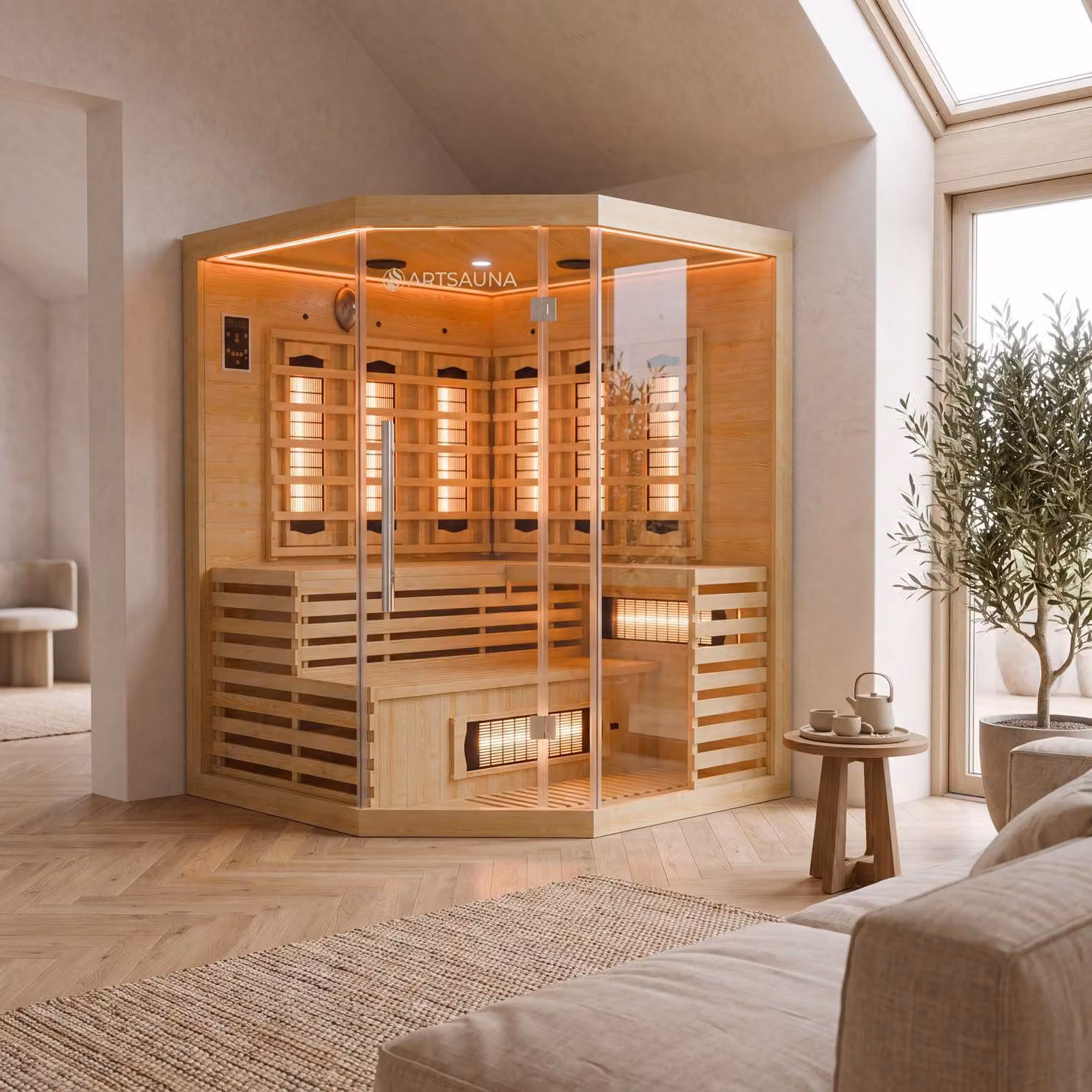 Artsauna cabina a infrarossi Kiruna150 con 8 riscaldatori a spettro completo e 1 riscaldatore a pannello, 3 persone, 150 x 150 cm, luce colorata a LED e vetro frontale, sauna a infrarossi Sauna