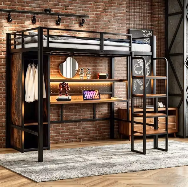Letto a soppalco multifunzione 90x200 cm in metallo e MDF; nero; con scrivania; armadio e LED
