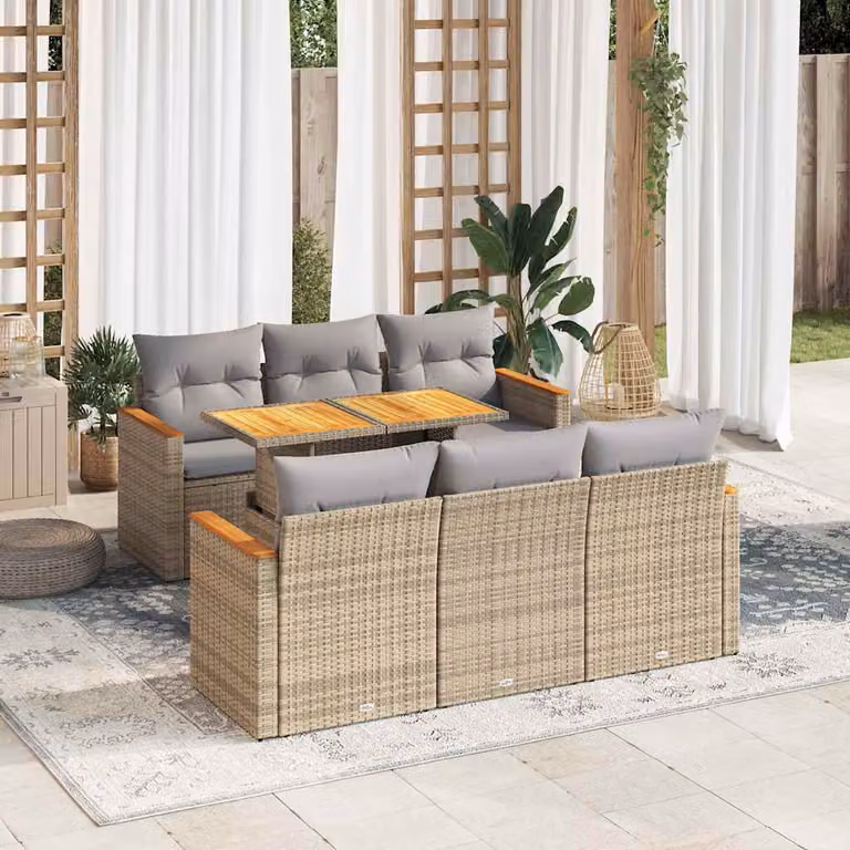 Set Divani da Giardino vidaXL 7 pz in Polyrattan e Legno di Acacia Oliato con Cuscini Beige e Grigio
