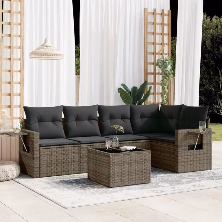 vidaXL Set Divano da Giardino 6 pz a Forma di L in Polyrattan Grigio con Cuscini e Tavolino