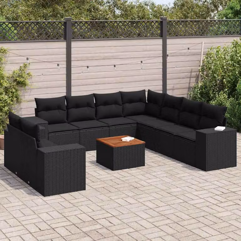 Set di Divani da Giardino vidaXL 10 Pezzi in Polyrattan Nero con Cuscini e Tavolino da Esterno a Forma di L