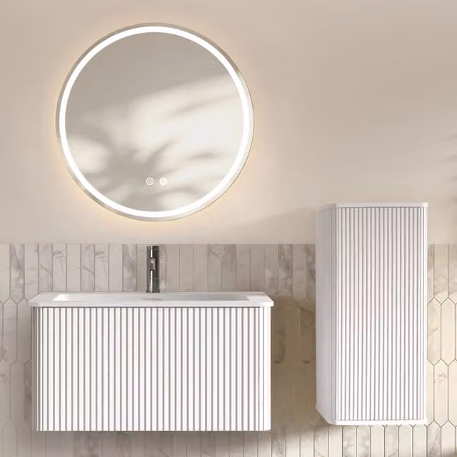 Set mobili bagno con lavabo e specchio LED rotondo; mobile bagno sospeso 80 cm con colonna laterale; bianco