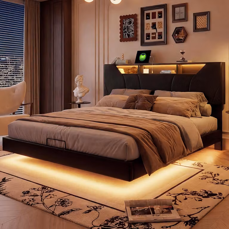 INONEFT Letto contenitore con molle insacchettate, 140x200 cm, con LED e USB, struttura del letto con rete a doghe, letto imbottito con poggiatesta regolabile in altezza, colore nero, materiale: PU