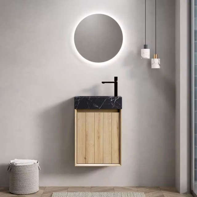 Sottolavabo a Parete con Lavabo in Marmo Nero ¨C MINIMAL ¨C Legno Multistrato, Rovere Bianco, 40cm